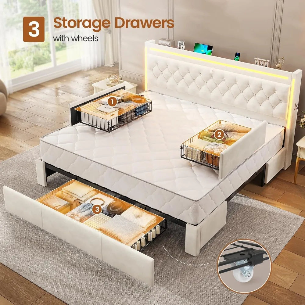 Upholstered LED Bed Frame King Size with 3 Storage Drawers, Hidden Storage Headboard with Charging Station, Velvet Button Tufted