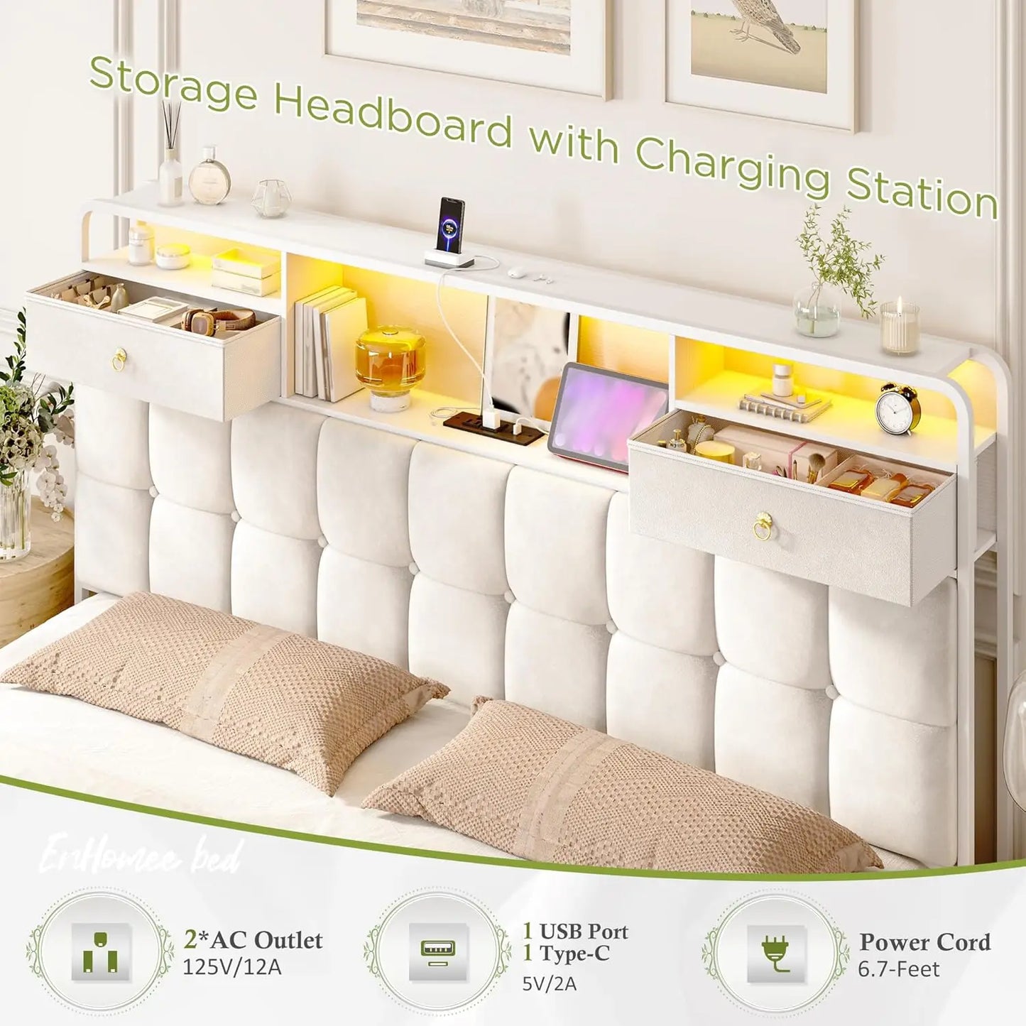 King Size Bed Frame with 4 Drawers and Storage Headboard, King Bed Frame Built in Charging Station and LED Lights, No Noise