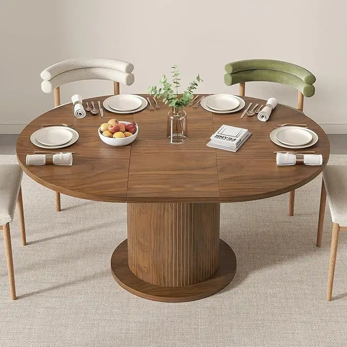 Adjustable 43.3-59 Inch Round Dining Table, Modern Farmhouse Style, Seats 4-6, Unique Circular Kitchen Table Design
