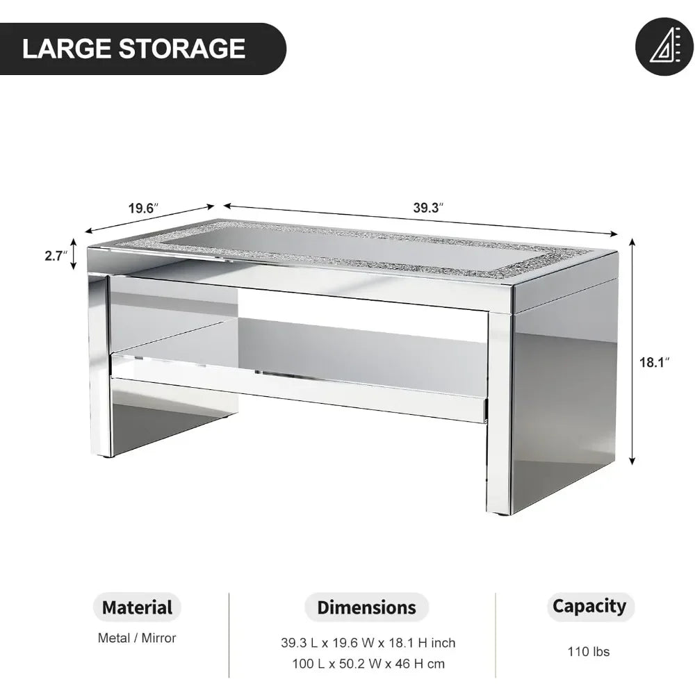 Mirrored Coffee Table with Mirror Crystal Board, Glass Rectangle End Table Coffee Tea Table with 2 Tier for Living Room Bedroom