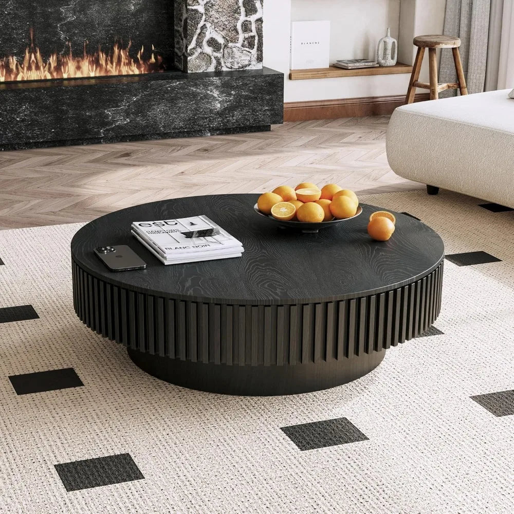 39.37 Inch Round Drum Coffee Table with Storage, Handcraft Fluted Drum Coffee Table, Modern Wooden Round Coffee Table Center Tab