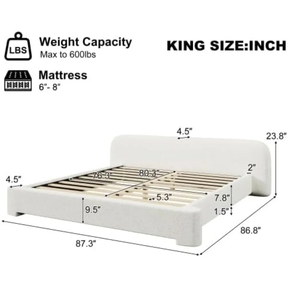 Upholstered Cloud Platform Bed Frame with Rounded Corners King Low Bed Frame with Headboard Ground Bed Frame for Adults