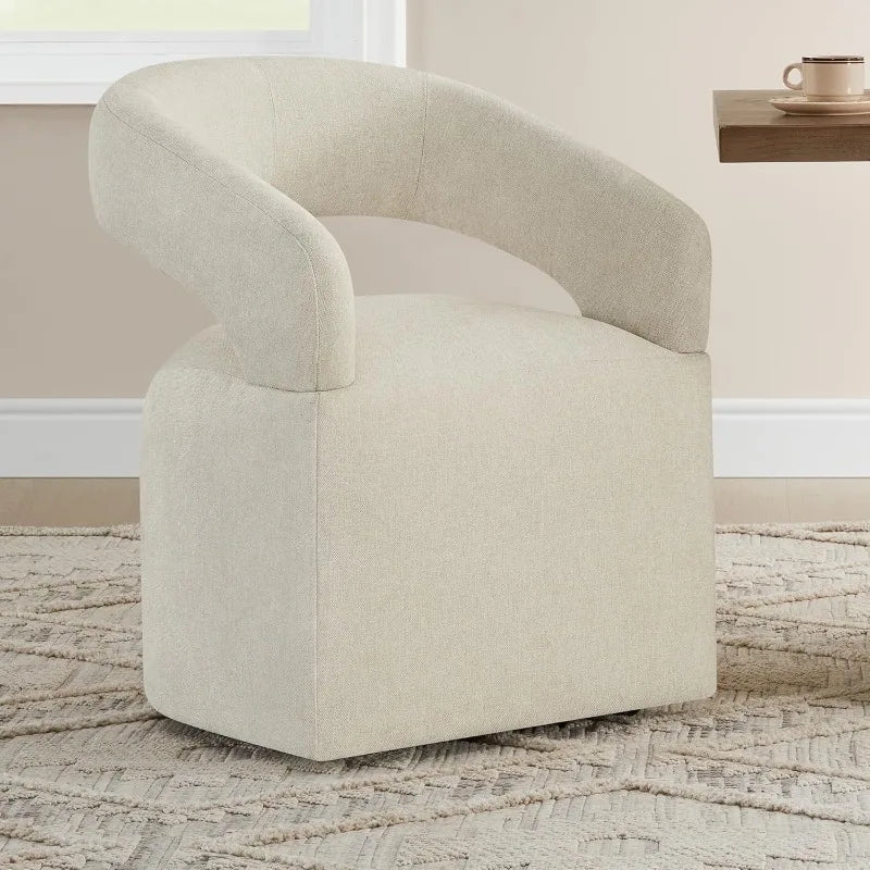 4-PC Upholstered Dining Chairs with Casters, Barrel Armchair Roller Chairs Cream Beige Set