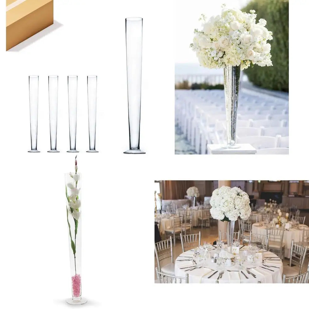 Bulk Clear Glass Trumpet Vases, Open 5, Height 31.5, Multiple Sizes, Tall Pilsner Floral Planter Container Centerpiece Options