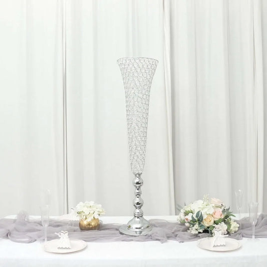 2 Pack Silver 40” Tall Crystal Beaded Trumpet Vase Set, Table Centerpiece