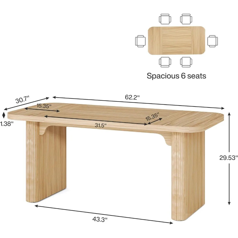 Modern Dining Table for 6 People, 63-Inch Natural Wood Kitchen Table with Double Robust Pedestal, Long Rectangle Wood