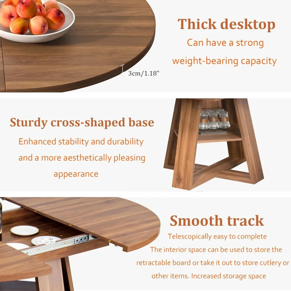 43.3in-59in Extendable Round Dining Table for 4-8,Modern Kitchen Oval Dining Table with Removable Leaves Space Saving, (Walnut)