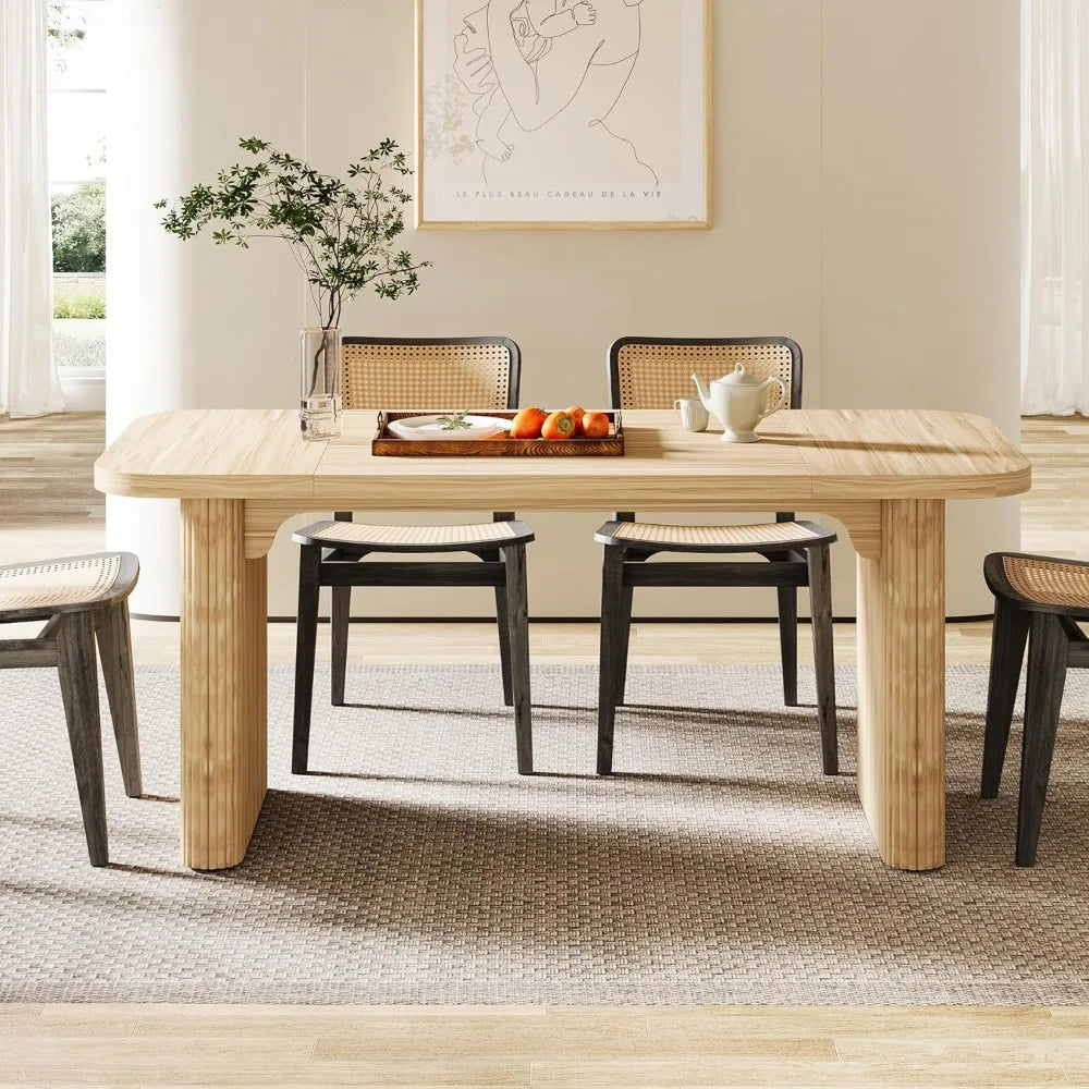 Modern Dining Table for 6 People, 63-Inch Natural Wood Kitchen Table with Double Robust Pedestal, Long Rectangle Wood