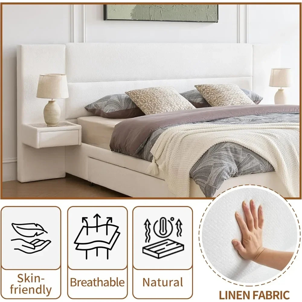 King Size Upholstered Platform Bed Frame with Built-in Nightstands 2 Side Storage Drawers Linen Headboard Sturdy Metal Frame