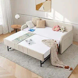Twin Size Daybed with Pop Up Trundle Bed,Velvet Twin to King Size Day Bed Frame with USB Ports&Side Pockets,Upholstered Extendab