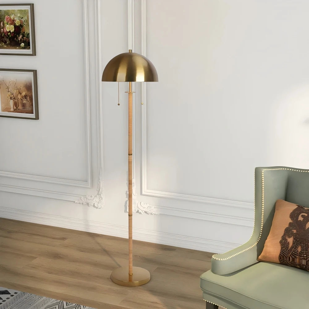 Allure 2-Light Floor Lamp Gold Brass Natural Rattan Tube Double on/Off Pull Chain