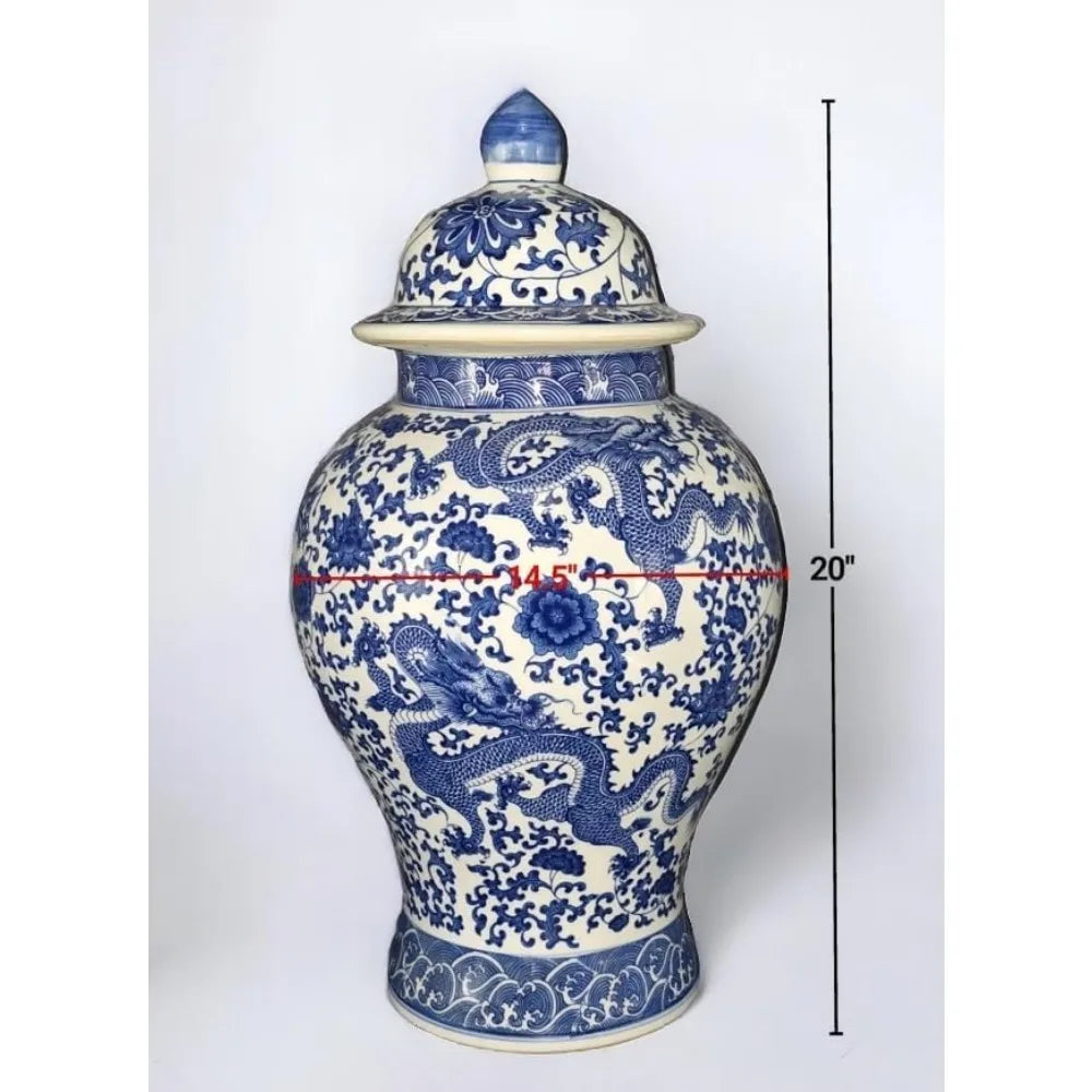 Vintage Blue & White Floral Porcelain Ginger Jar, Large Qing Dynasty-Style Vase with Dragon Motif