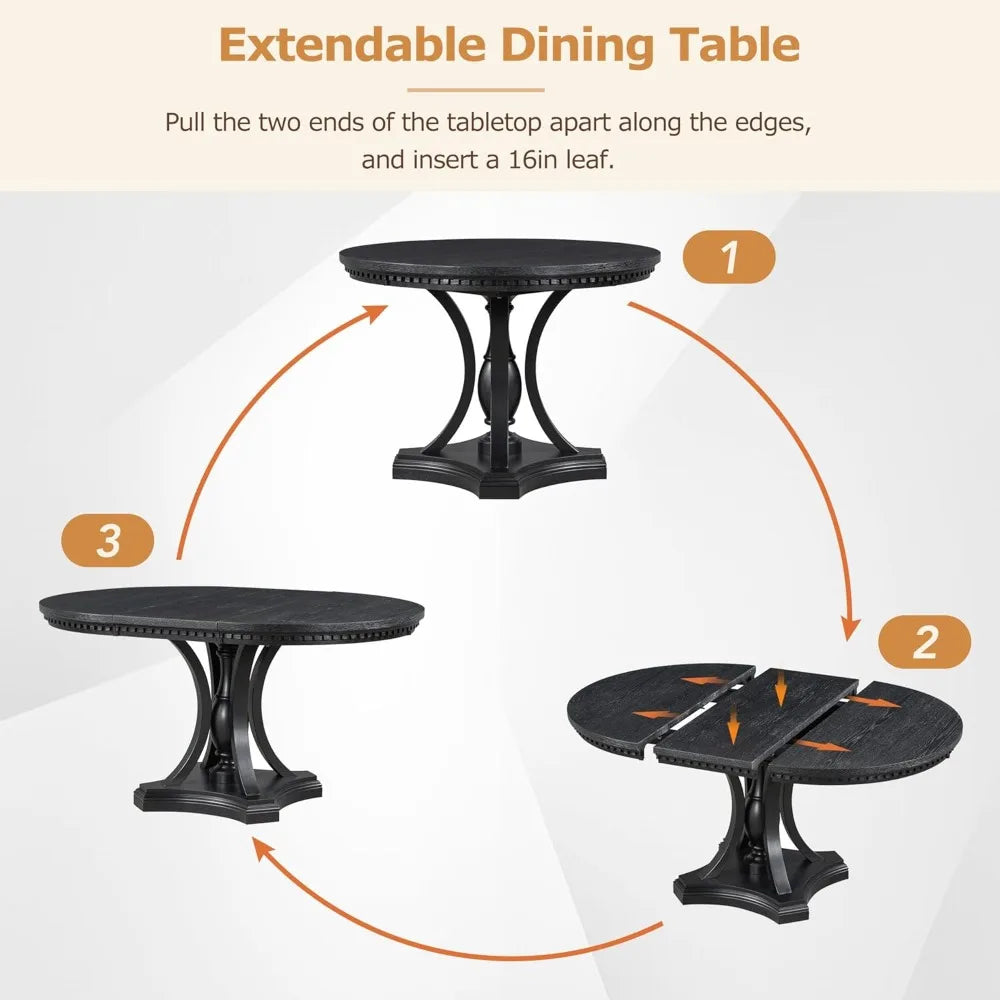 5 Pieces Dining Table Set Round Kitchen Extendable Dining Table with 4 Wood Chairs for Dining Room, Chair with Cushion, Bistro