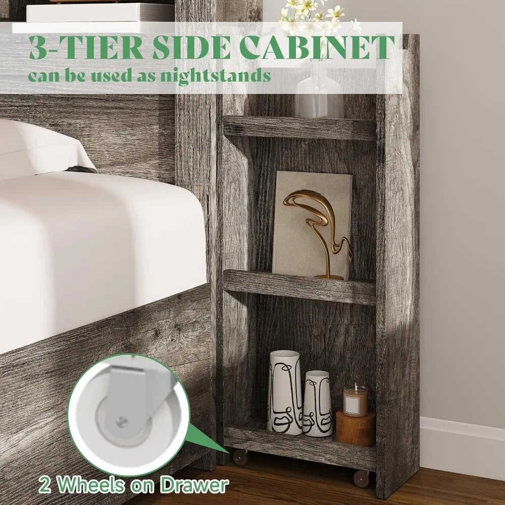 King Size Bed Frame with 4 Storage Drawers, LED Bed Frame with 49“ Tall Bookcase Headboard, Wood Platform Bed with Charging