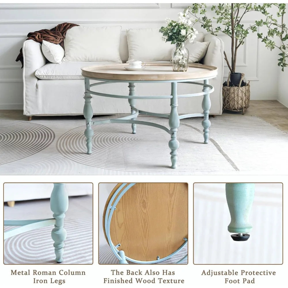 Rustic Farmhouse Round Coffee Table, French Country Vintage Center Table,φ31.5'' x18.9''H Rustic Solid Wood with Vintage Iron Le