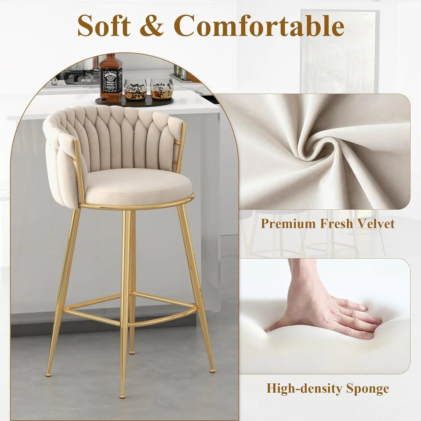 Modern Bar Stools Set of 4, Handmade Woven Back Armrest, Sturdy Golden Metal Legs for Home Dining Kitchen Island, Beige