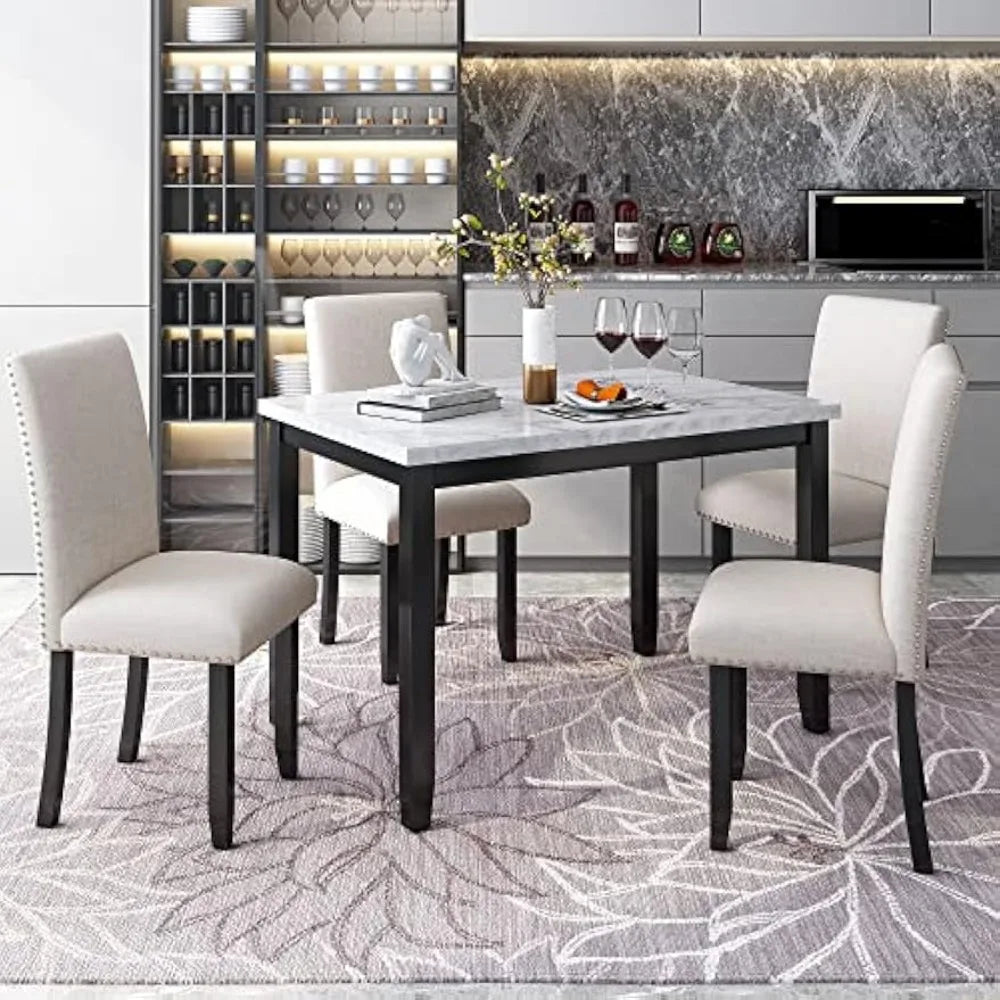 5 Piece Kitchen Table Set for 4, Wood Dining Table Set with Paper Marbling Table and 4 Dining Chairs for Kitchen Apartment