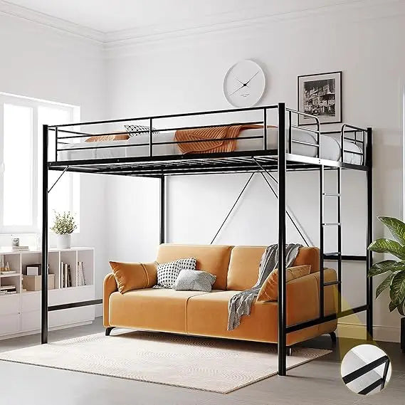Queen Loft Bed with Flat Rungs for Adults, Kids and Young Teens, No Box Spring Required, Heavy Duty Metal Slat Support