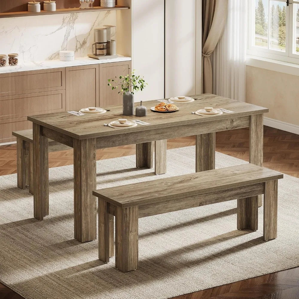 rectangular 55.1-inch dining table set for 6 with 2 benches and 3 wooden pieces