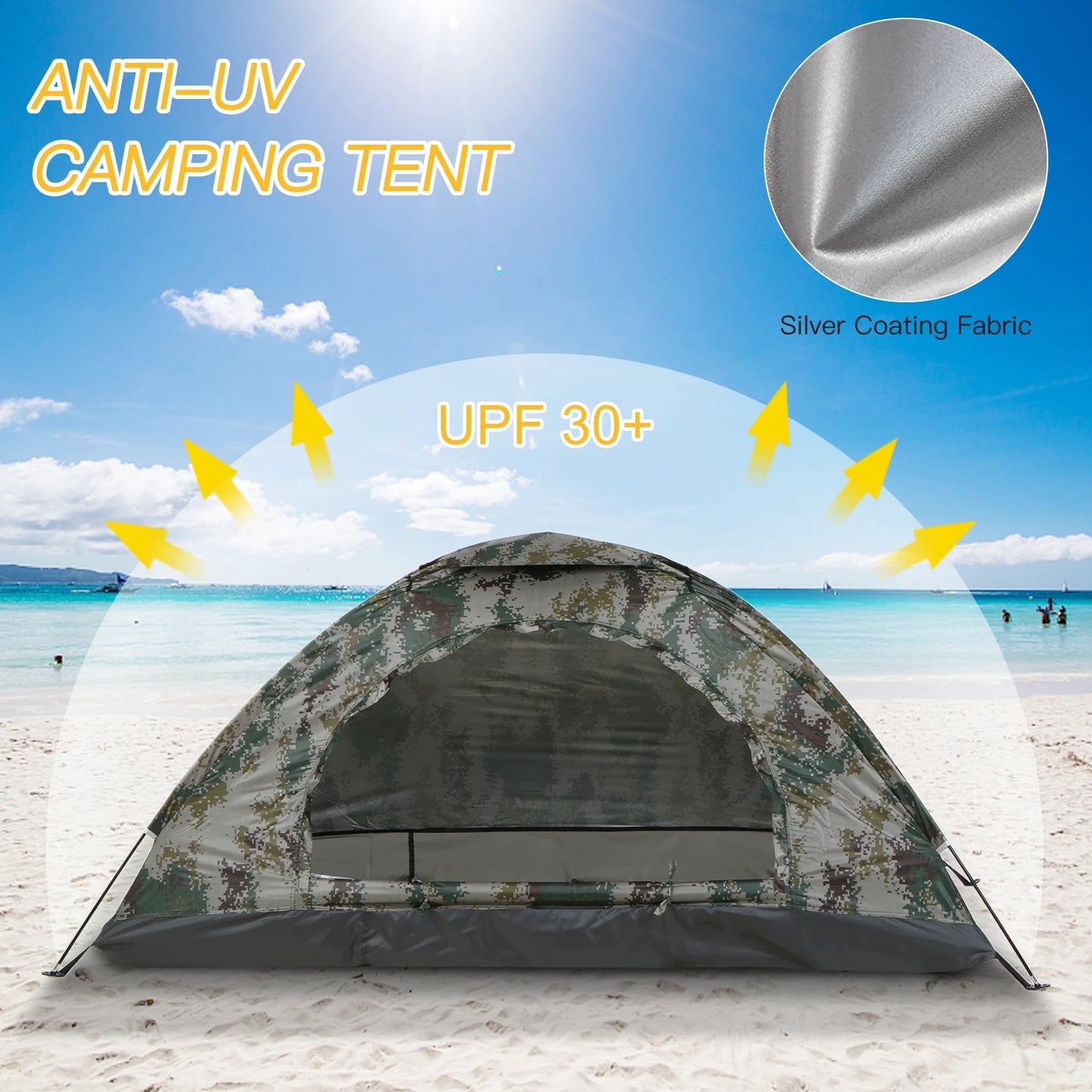 Ultralight Camping Tent Single Layer Portable Camouflage Tent Anti-UV Coating UPF 30+ for Hiking Outdoor Beach Fishing