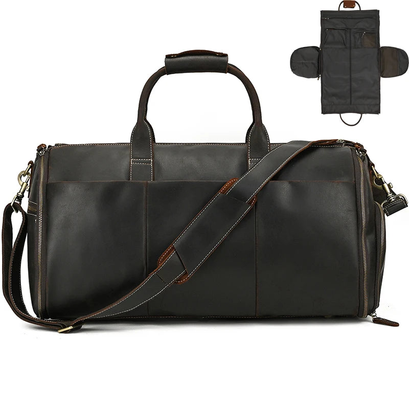 Crazy Horse Leather Travel Bag for Suits Shoes Garment Genuine Leather Man Folding Suit Bag Business Travel Bags On Luggage