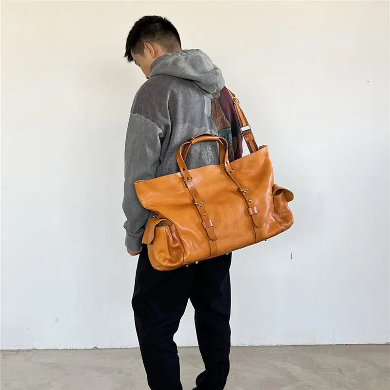 PNDME vintage designer handmade genuine leather men's large-capacity travel bag high quality first layer cowhide luggage bag