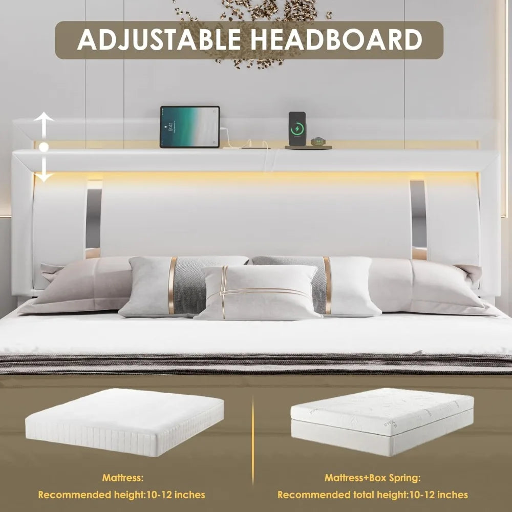 Queen/Full Bed Frame with RGB LED Lights Headboard & 2 Storage Drawers, Sturdy wooden frame, Modern Upholstered Faux Leather Bed