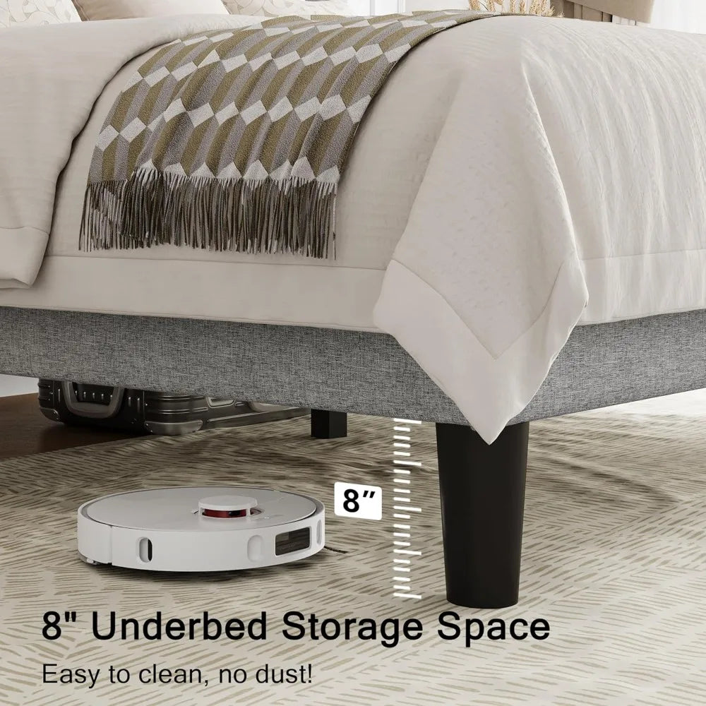 Full Size Upholstered Bed Frame with Wingback Headboard, Fabric Linen Platform Bed, 8" Under Bed Storage, Wooden and Metal Slats