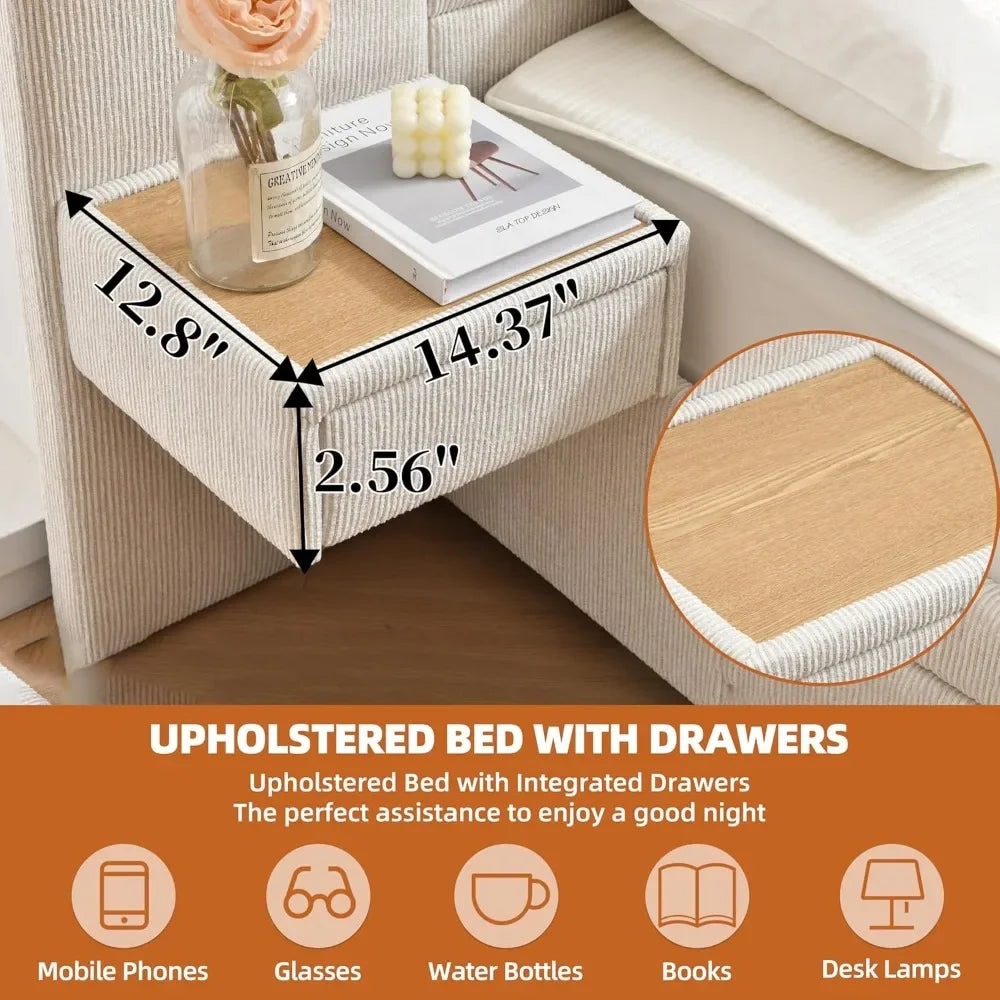 King Size Platform Bed Frame with 2 Built-in Nightstands Wood Luxury Bed Frame with Chenille 2 Storage Drawers