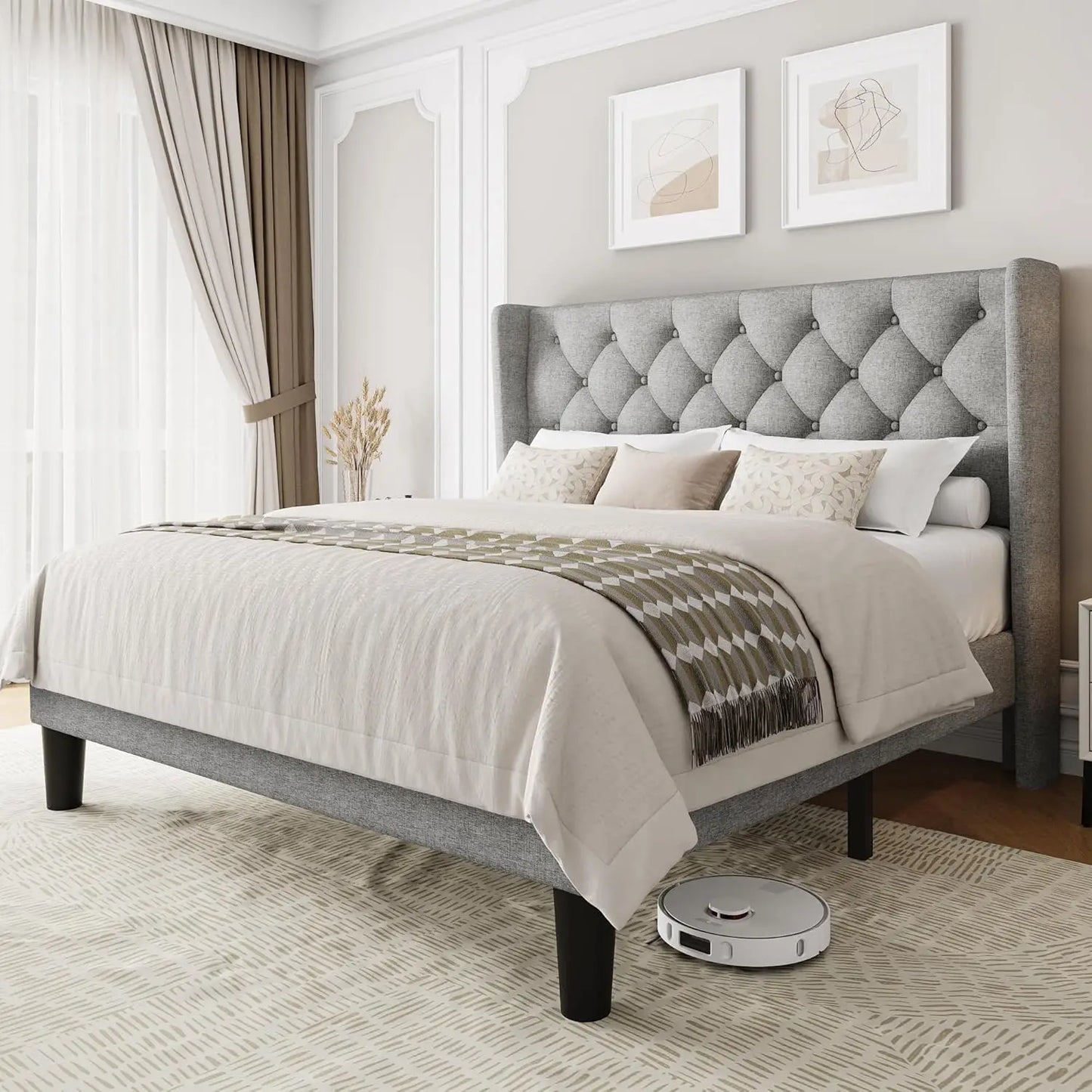 Full Size Upholstered Bed Frame with Wingback Headboard, Fabric Linen Platform Bed, 8" Under Bed Storage, Wooden and Metal Slats