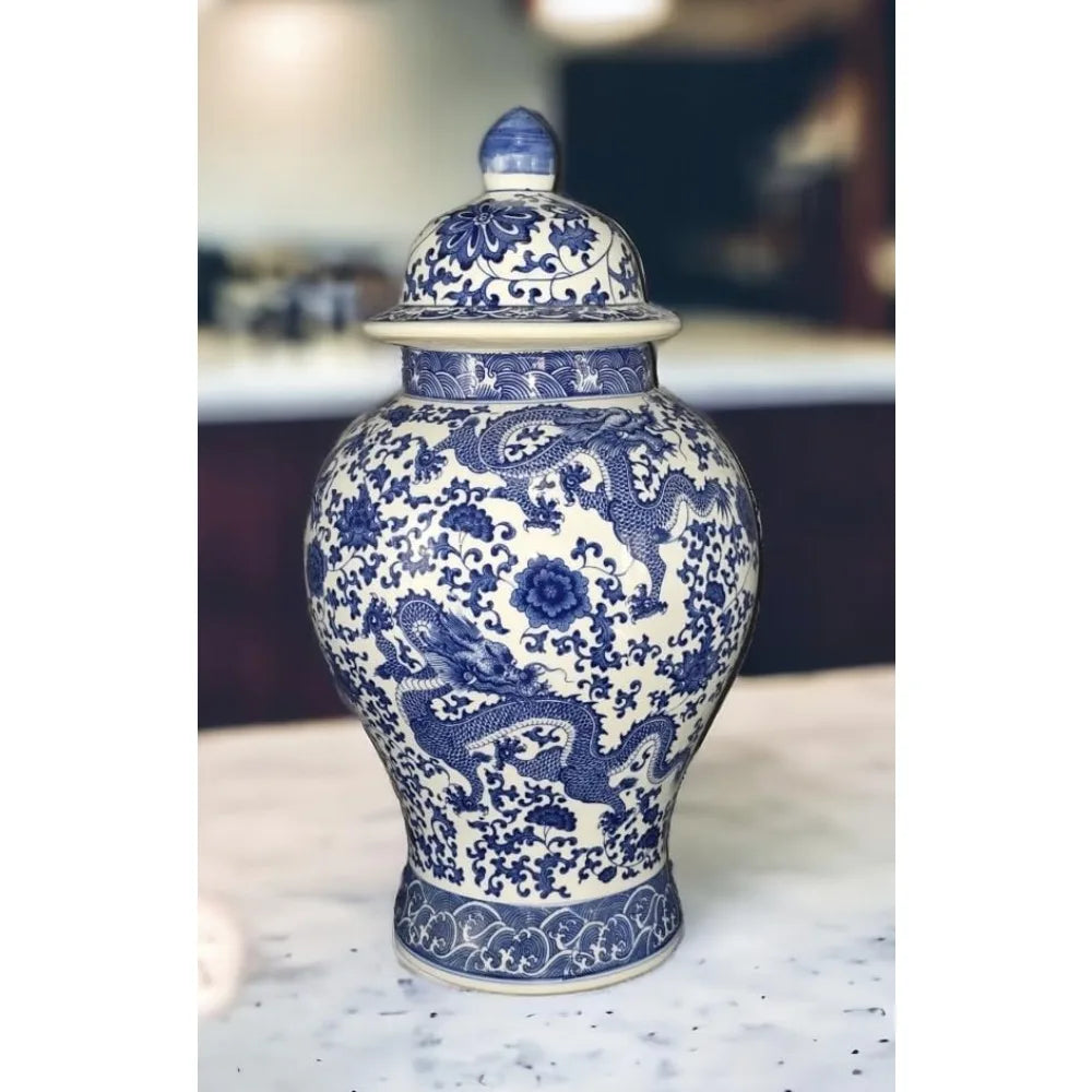 Vintage Blue & White Floral Porcelain Ginger Jar, Large Qing Dynasty-Style Vase with Dragon Motif