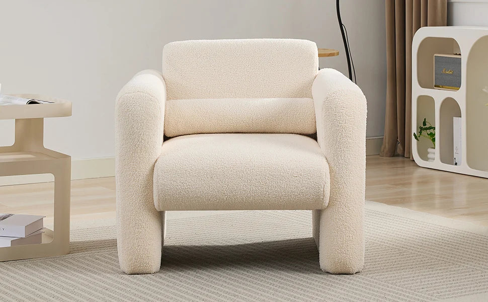 Modern Accent Chair Lambskin Sherpa Fabric Upholstered Comfy Reading Armchair with Pillow
