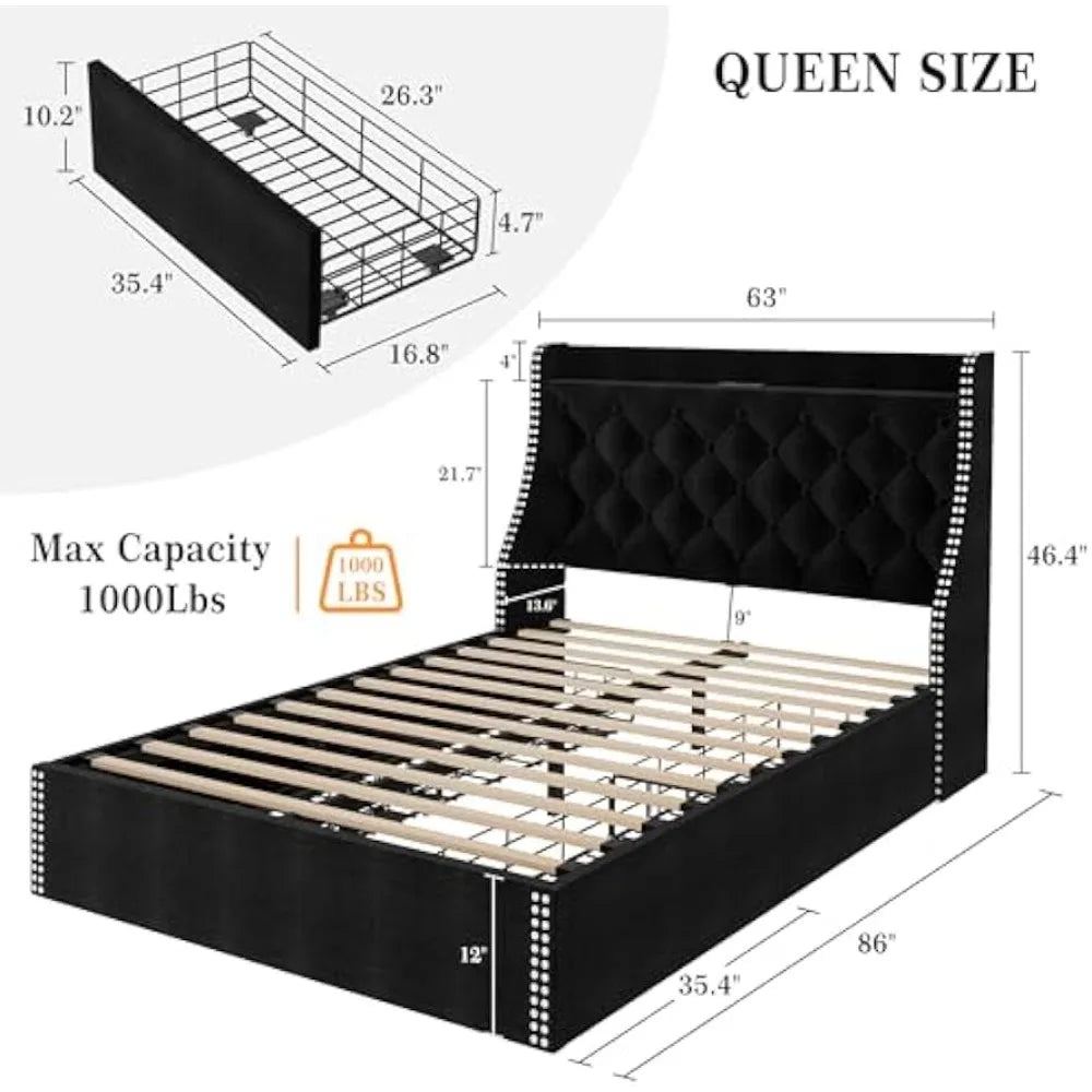 Upholstered Queen Bed Frame with 4 Storage Drawers，Wingback Headboard with Charging Station, Diamond Stitched Button Tufted Desi