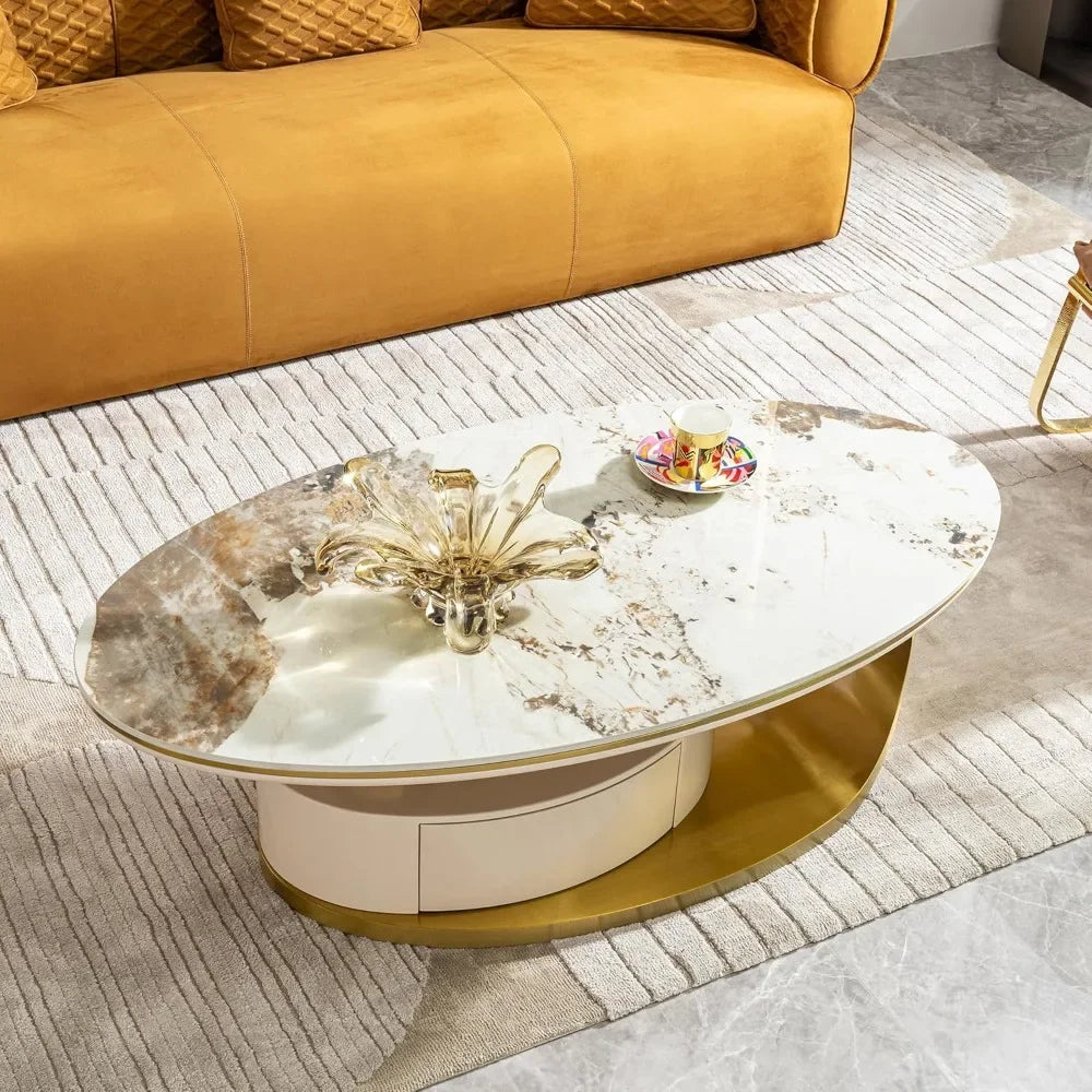 Faux Marble Coffee Table with Drawer,Oval Living Room Table with Metal Base,0.47" Marble Grain Top