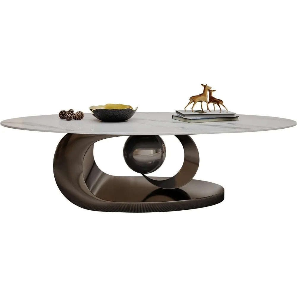 Modern Oval Stone Coffee Table with Gray Metal Base - Elegant Centerpiece for Stylish Living Rooms - 49.2" Lx27.6 Wx15.8 H