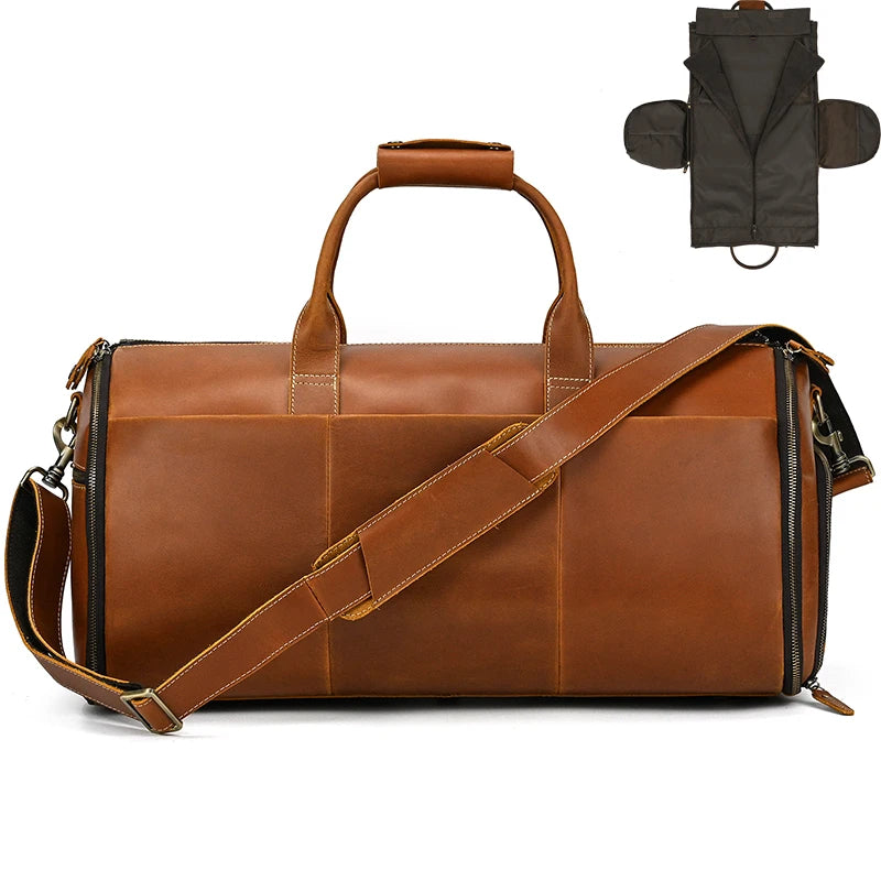 Crazy Horse Leather Travel Bag for Suits Shoes Garment Genuine Leather Man Folding Suit Bag Business Travel Bags On Luggage