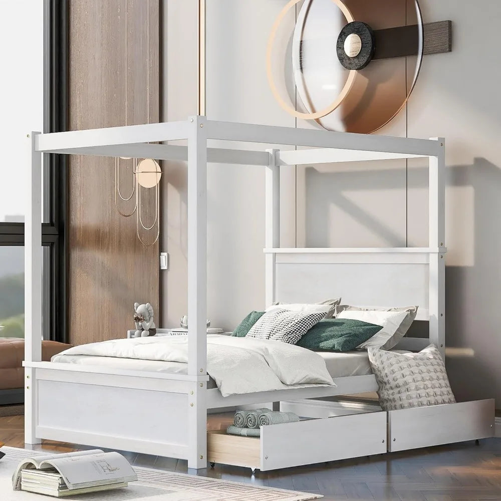 Full Size Canopy Bed with 2 Storage Drawers, 4-Post Wood Full Platform Bed Frame with Headboard, No Box Spring Needed - Brushed