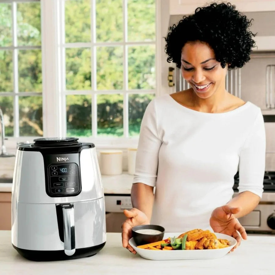 Ninja 4Qt Air Fryer with Easy-Release Ceramic Basket Crisper Plate 1550Watt MultiFunction Cooker Air Fry Roast Bake White