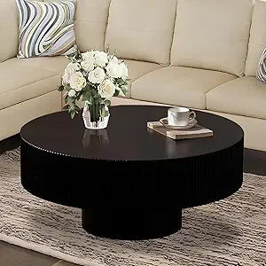 Mid-Century Modern Round Coffee Table with Hidden Storage, Solid Wood Veneer Center Table for Living Room