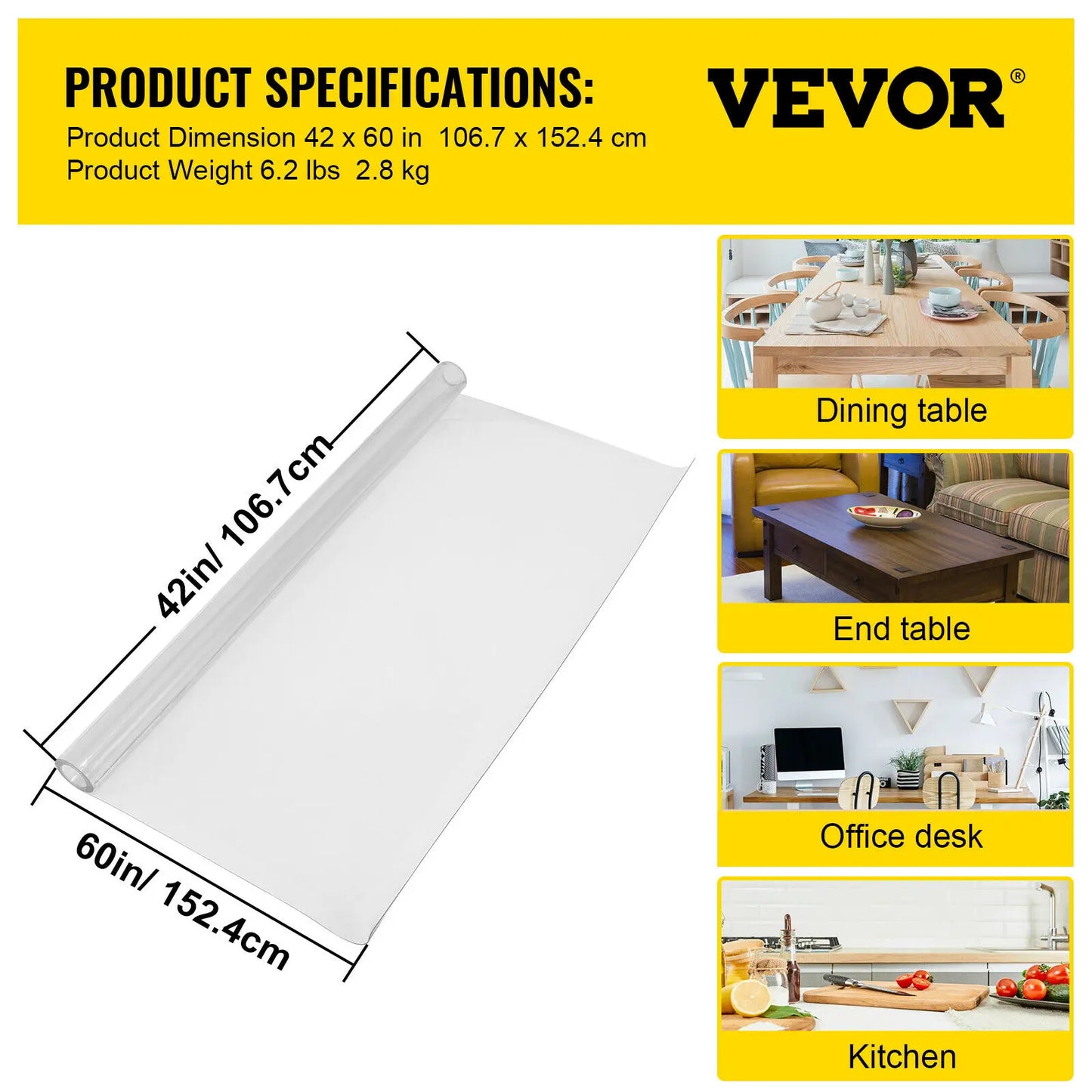 VEVOR 1.5mm 2mm PVC Table Cloth Transparent Clear Desk Cover Protector Plastic Soft Glass Waterproof Oilproof for Dining Table