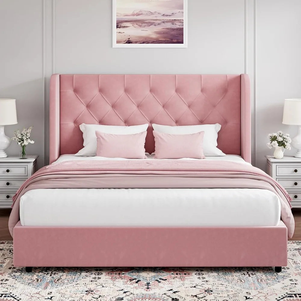 Full Bed Frame, Pink Velvet Upholstered Bed Frame Full with Headboard and Wide Wingback, Sturdy Wooden Slats Support, No Box Spr