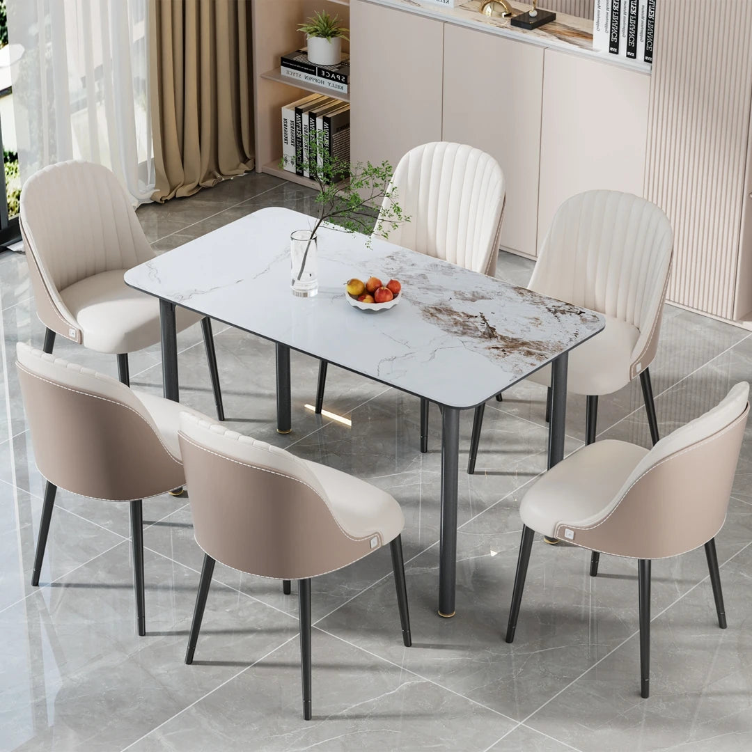 55''Modern Rectangular Sintered Stone & Tempered Glass Dining Table Mix Material Kitchen Table with Aluminum Base for 4-6 Seater