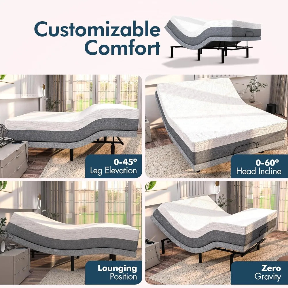 SFE Twin XL Electric Adjustable Bed Frame with 14" Hybrid Memory Foam Mattress - Adjustable Mattress Base with Zero Clearance,