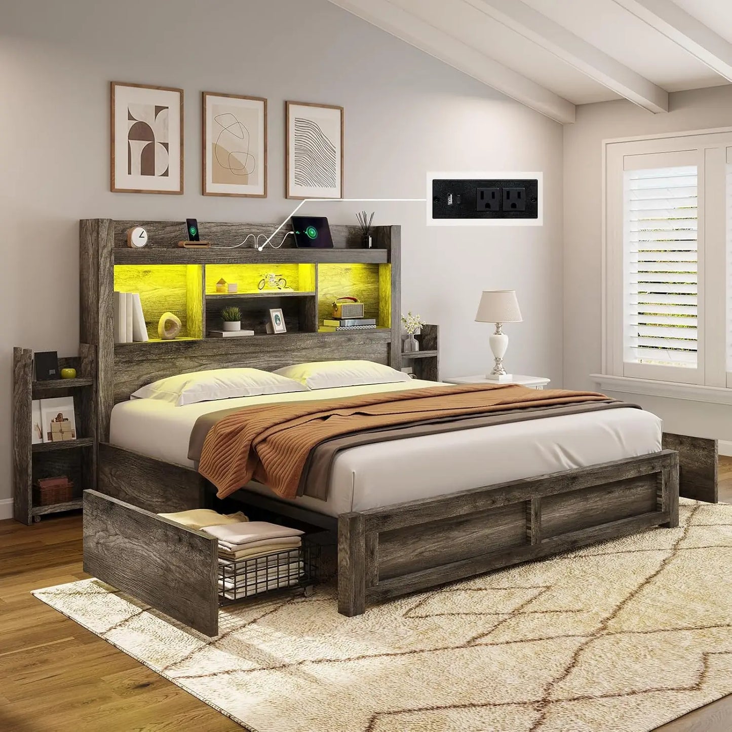 King Size Bed Frame with 4 Storage Drawers, LED Bed Frame with 49“ Tall Bookcase Headboard, Wood Platform Bed with Charging