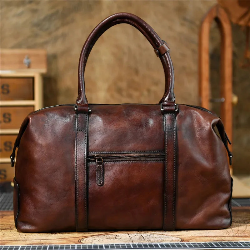Vintage designer handmade natural genuine leather large-capacity men's travel bag business casual cow leather soft handbag