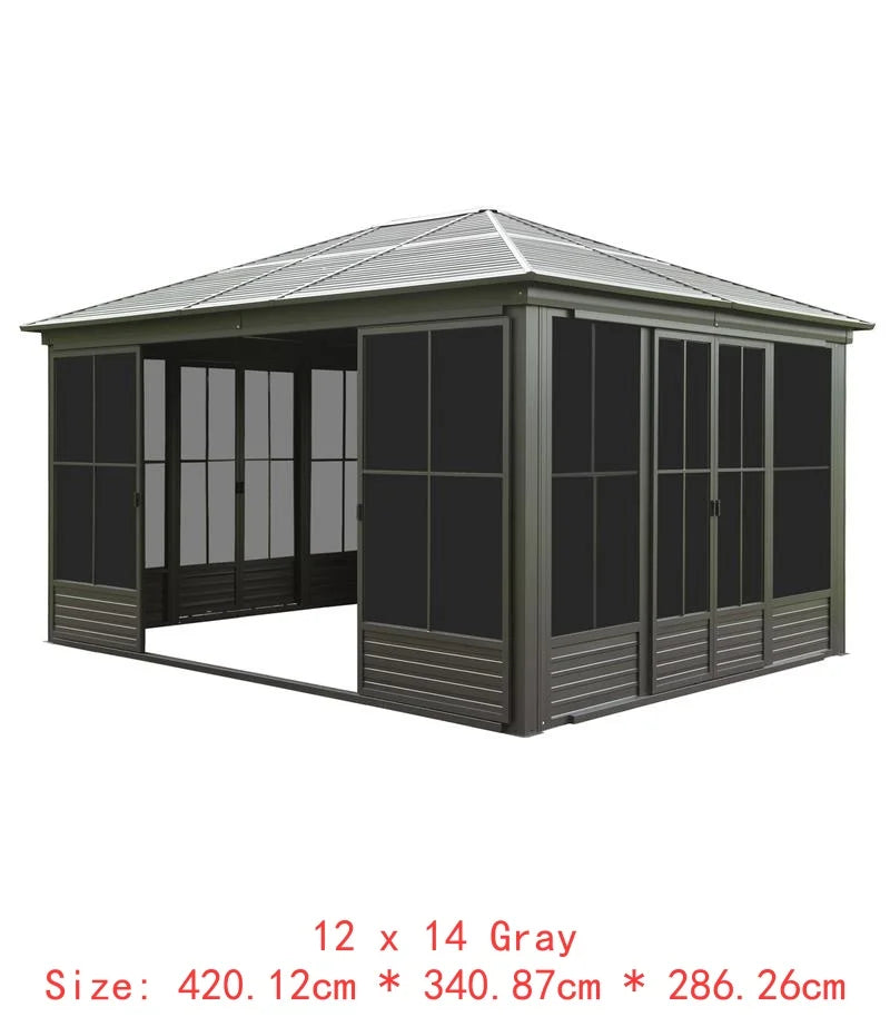 12x14FT Outdoor Gazebo, Steel Hardtop Sunroom with Sloping Roof, All-Weather Aluminum Screen House for Patio, Deck, Backyard,