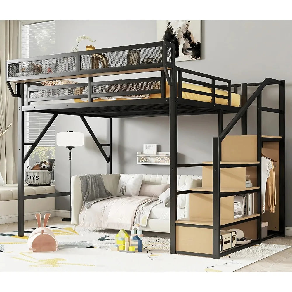 Queen Size Loft Bed with Stairs and Wardrobe, Black Metal Bed Frame with Shelves & Under-Bed Storage, (Black, Queen)