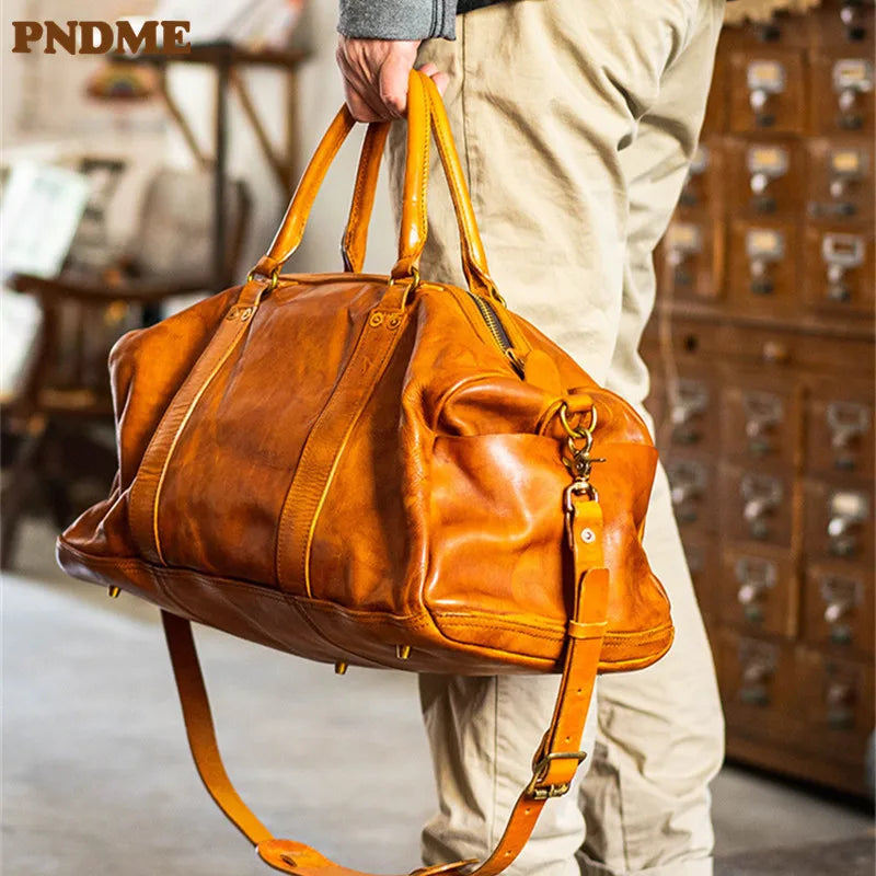 Fashion Vintage Luxury Natural Genuine Leather Men's Large-capacity Travel Bag Organizer Handmade First Layer Cowhide Handbags