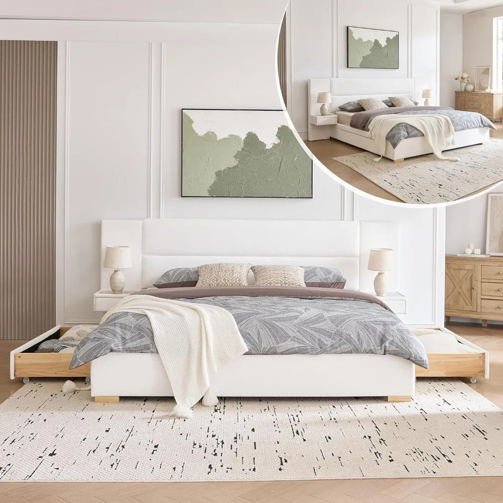 King Size Upholstered Platform Bed Frame with Built-in Nightstands 2 Side Storage Drawers Linen Headboard Sturdy Metal Frame