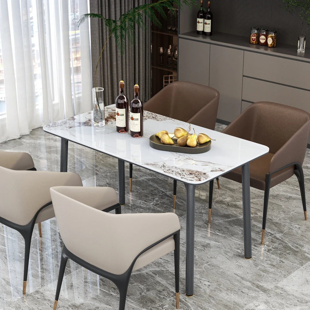55''Modern Rectangular Sintered Stone & Tempered Glass Dining Table Mix Material Kitchen Table with Aluminum Base for 4-6 Seater